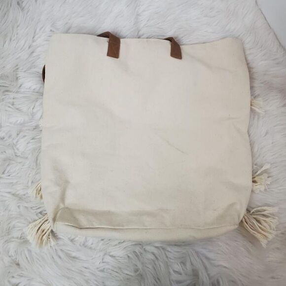 Sonoma Women’s Large Canvas Tote Purse Cream Multi-Color Pom Pom - Picture 4 of 9